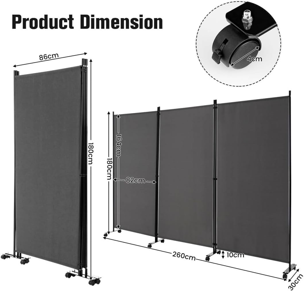 3 Panel Grey Folding Room Divider Privacy Screen on Wheels for Home Office