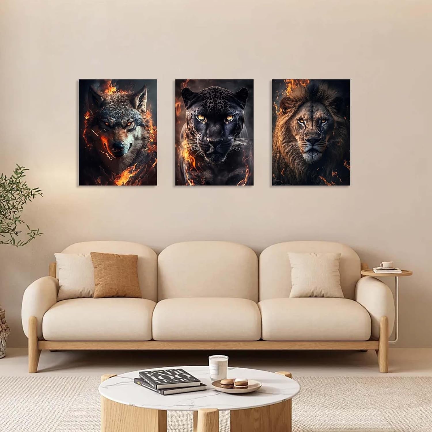 Set of 3 Animal Fire Canvas Wall Art 12x16 Framed Wolf Lion Panther Decor