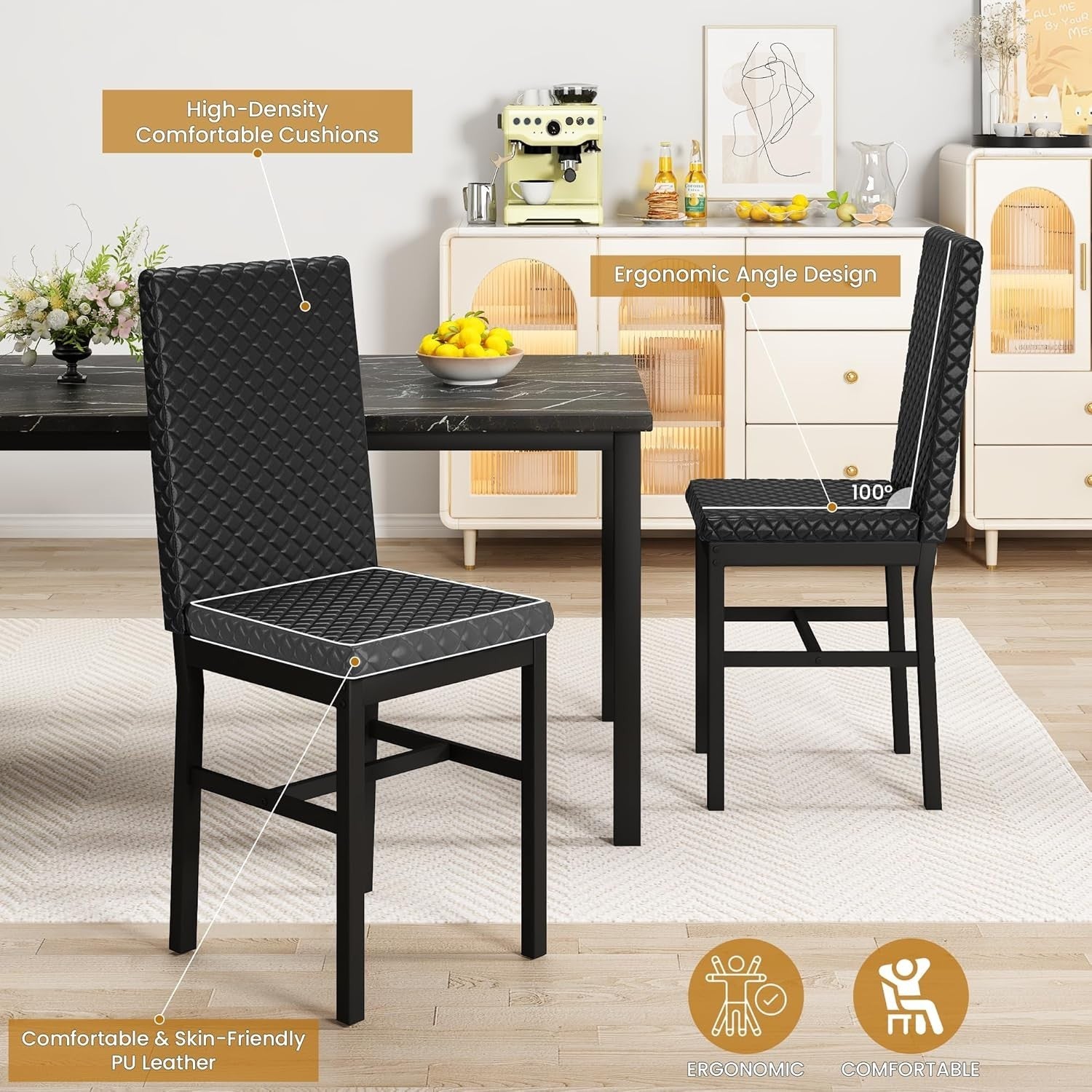 5-Piece Dining Table & 4 Chairs, Faux Marble Top, Modern Kitchen Set, Black
