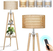 Wood Tripod Floor Lamp Dimmable Boho Standing Light Remote Linen Shade