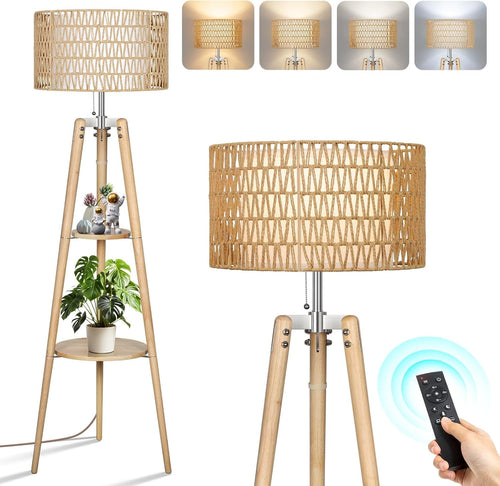 Wood Tripod Floor Lamp Dimmable Boho Standing Light Remote Linen Shade