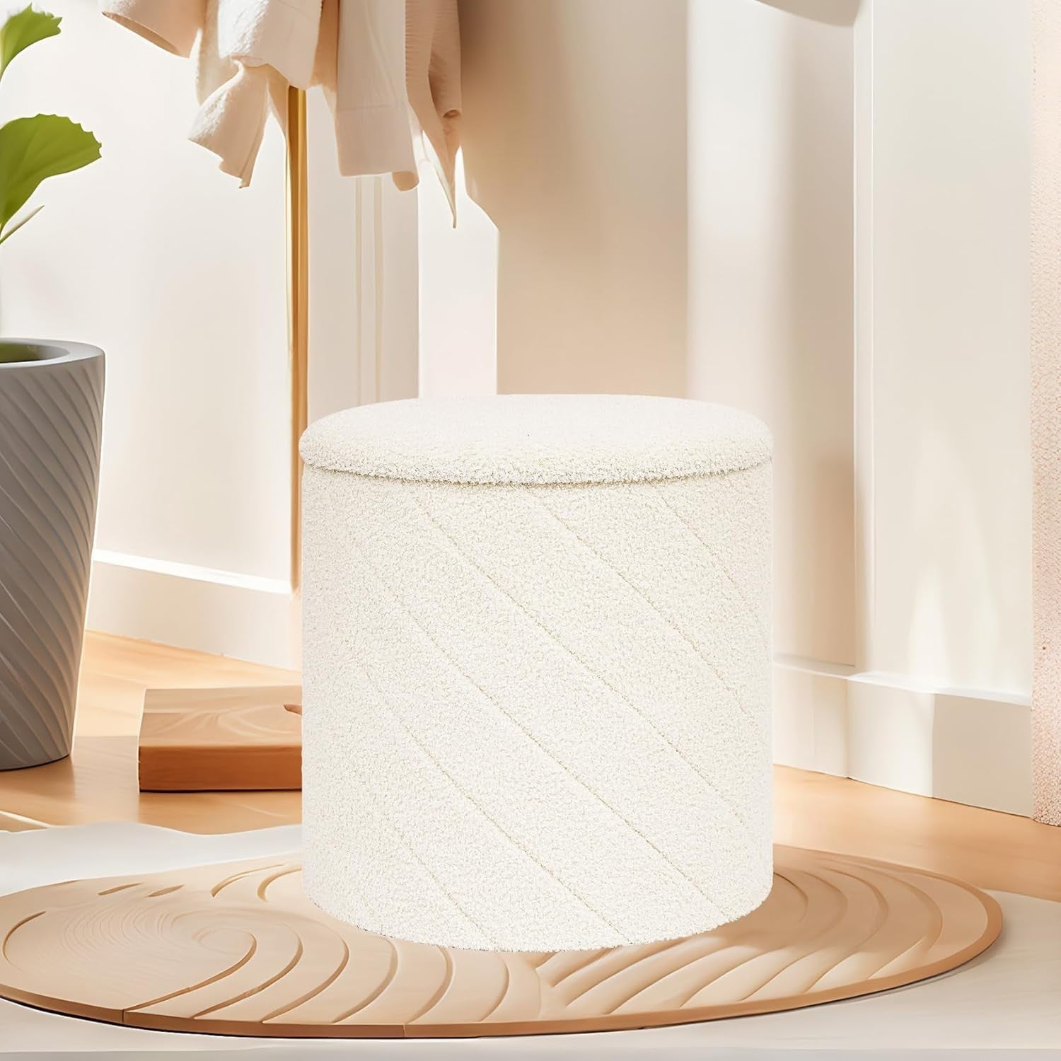 White Boucle Storage Ottoman Round Folding Stool with Tray-Top Footrest