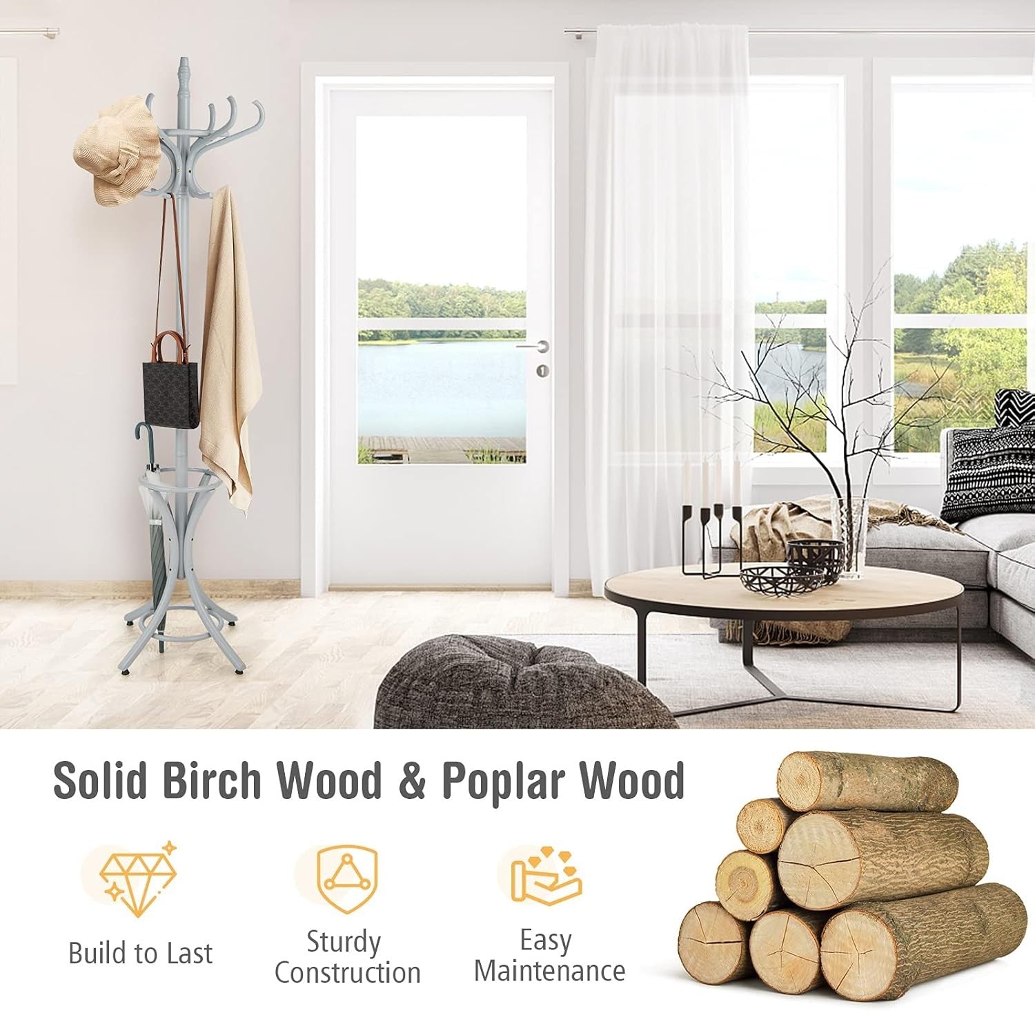 Wooden Coat Rack Stand 12 Hooks & Umbrella Holder | 75.5” Freestanding Hall Tree