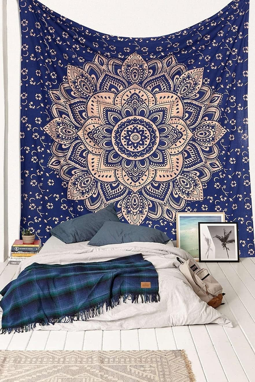 Boho Blue Gold Mandala Tapestry 52x82" Cotton Wall Hanging