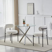 Modern 5-Piece Round Glass Dining Table with 2 Beige Velvet Chairs Set