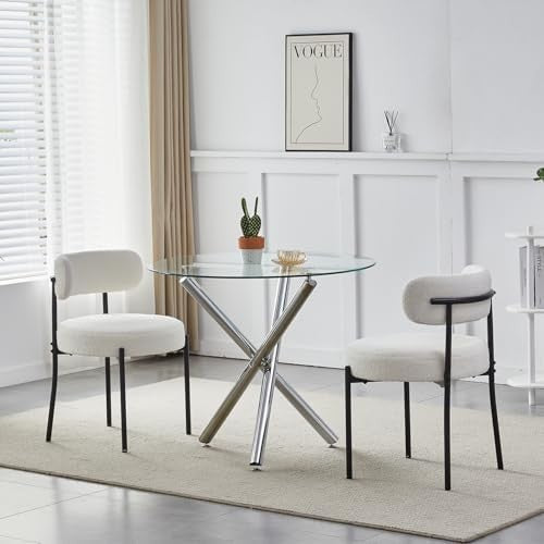 Modern 5-Piece Round Glass Dining Table with 2 Beige Velvet Chairs Set