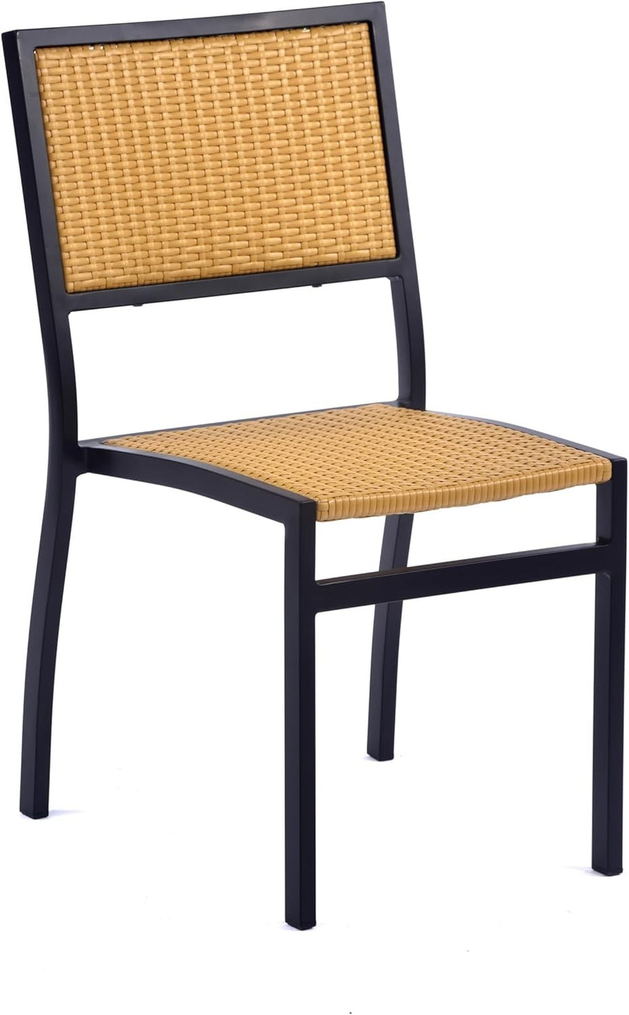 Teak Rattan Dining Side Chair Stackable Garden Patio Seating Metal Frame
