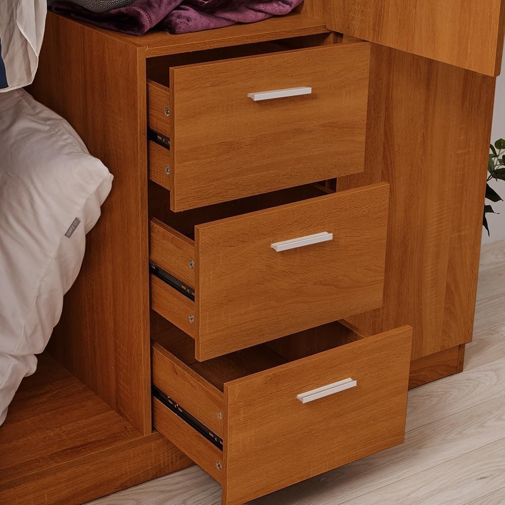 Large Oak Effect 3-Door Wardrobe with 3 Drawers & Hanging Rail Storage