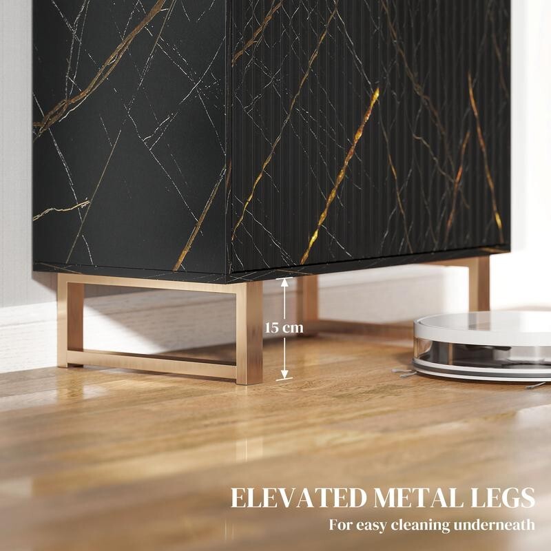 Black Marble Sideboard Cabinet 2 Door Storage Unit Gold Legs Modern Buffet
