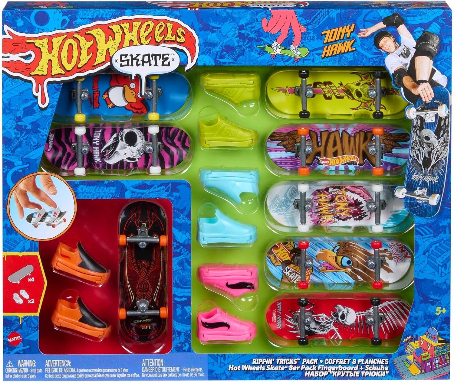 Tony Hawk Hot Wheels Skate Fingerboard Set | 8 Boards + 4 Shoes Bundle, Kids