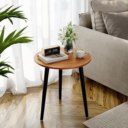 Small Walnut & Black Round Side Table 42x42x51cm, Sturdy Iron Legs.
