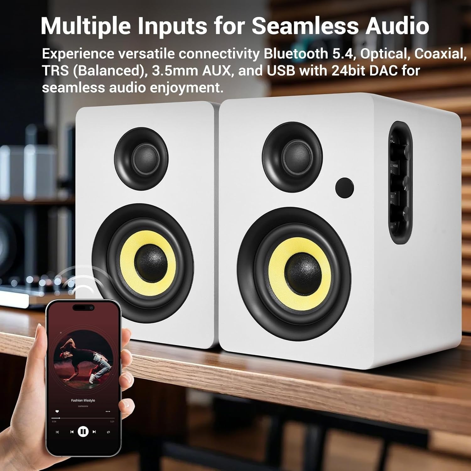 80W White Bluetooth 5.4 HiFi Bookshelf Speakers Studio Monitor USB DAC Remote