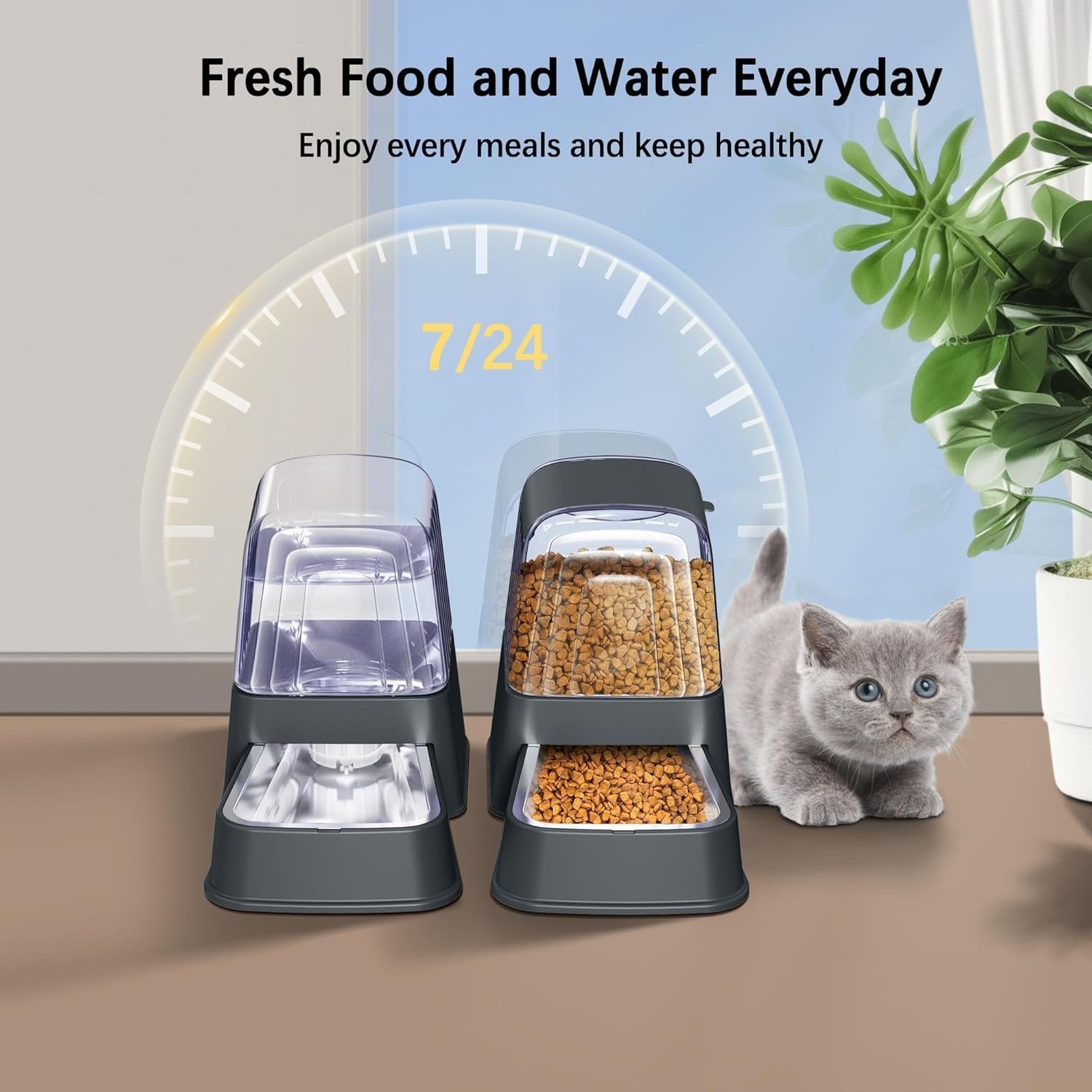 3.5L Automatic Pet Feeder Water Dispenser Set Stainless Steel Bowls