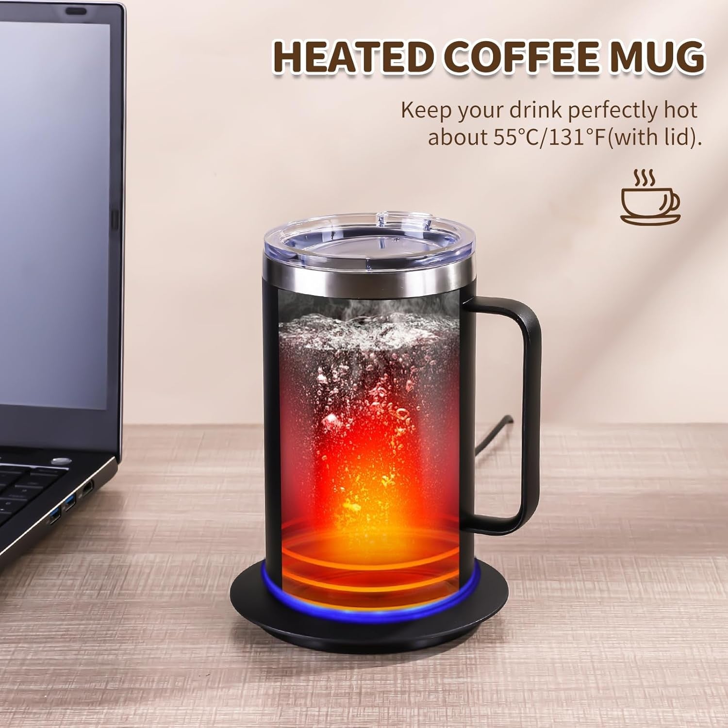 Self Heating Coffee Mug Set USB Warmer 12oz 10H Auto Off