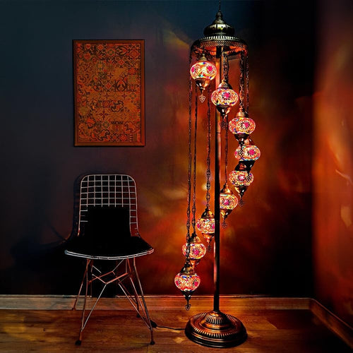 Turkish Mosaic Floor Lamp 9 Globe Standing Light Red 70in Boho Decor