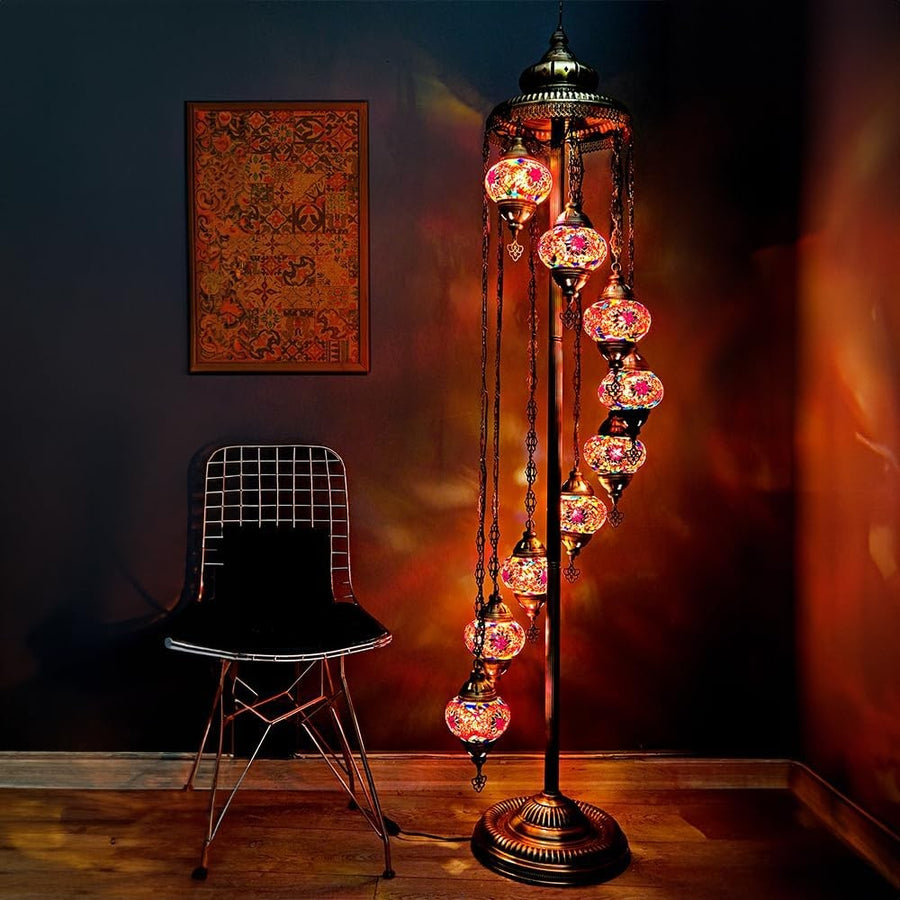 Turkish Mosaic Floor Lamp 9 Globe Standing Light Red 70in Boho Decor
