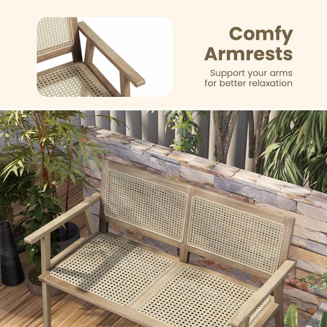 2 Seater Garden Bench with Rattan Seat Natural Wood Patio Love Seat