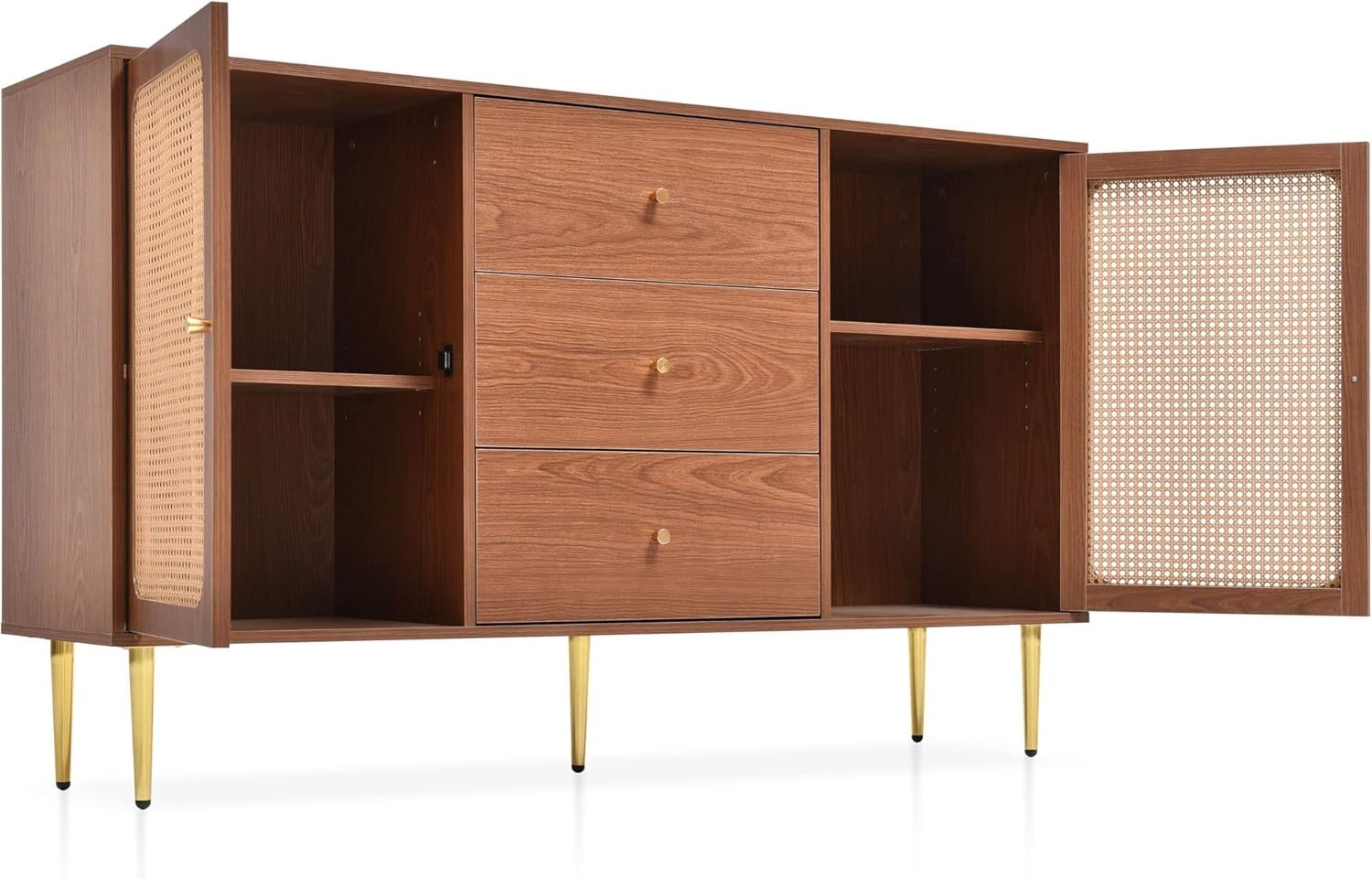Modern Walnut Sideboard Cabinet Rattan Doors 3 Drawers Storage Unit