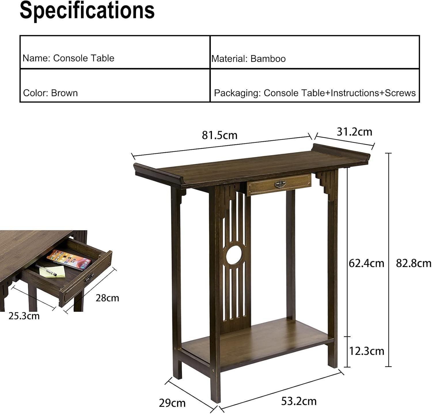 Narrow Entryway Console Table 2 Tier Bamboo Shelf 81.5x31.2x82.8 cm