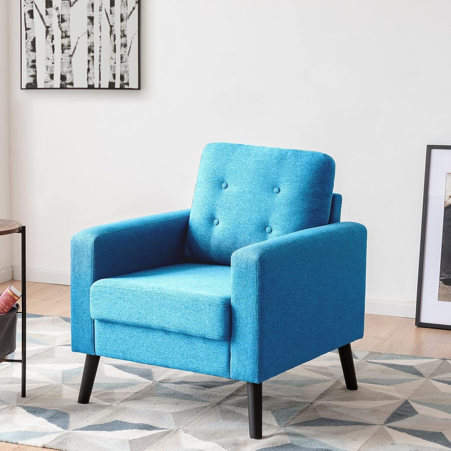 Blue Accent Armchair Button Tufted Linen Lounge Chair