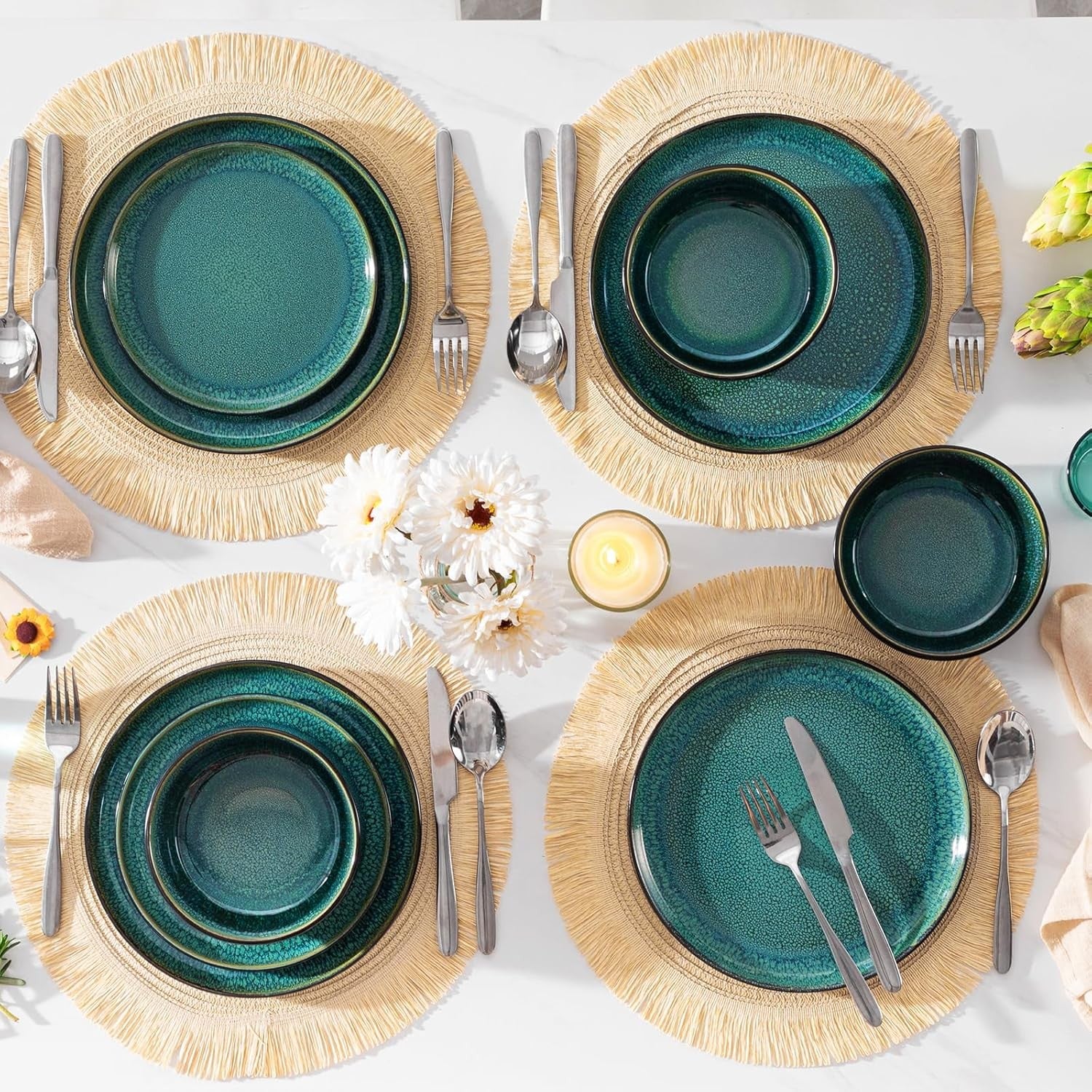 36pc Green Stoneware Dinner Set Plates Bowls Reactive Glaze Service for 12