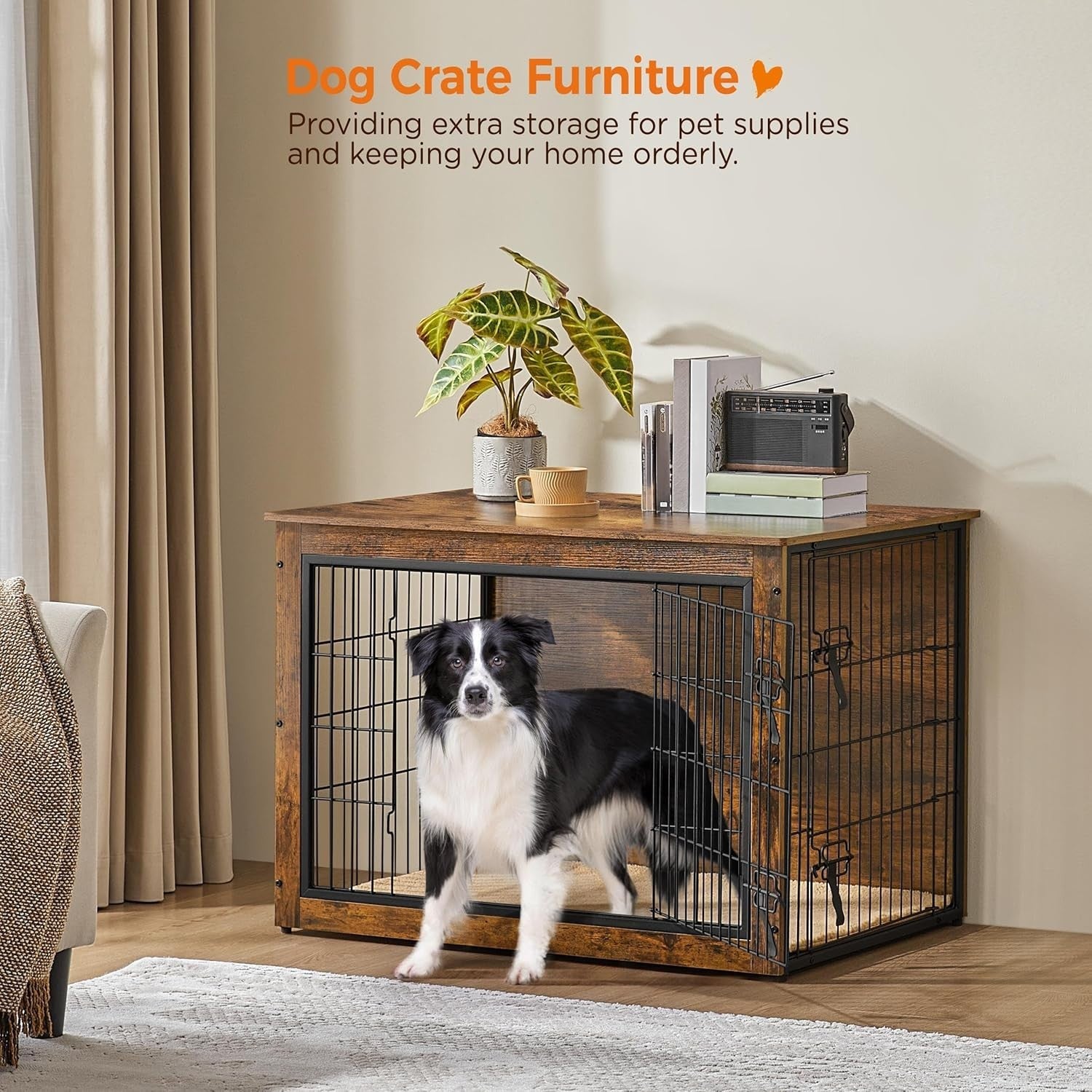 Rustic Brown Medium Dog Crate Furniture with Cushion & Double Doors 96x65x67.5cm