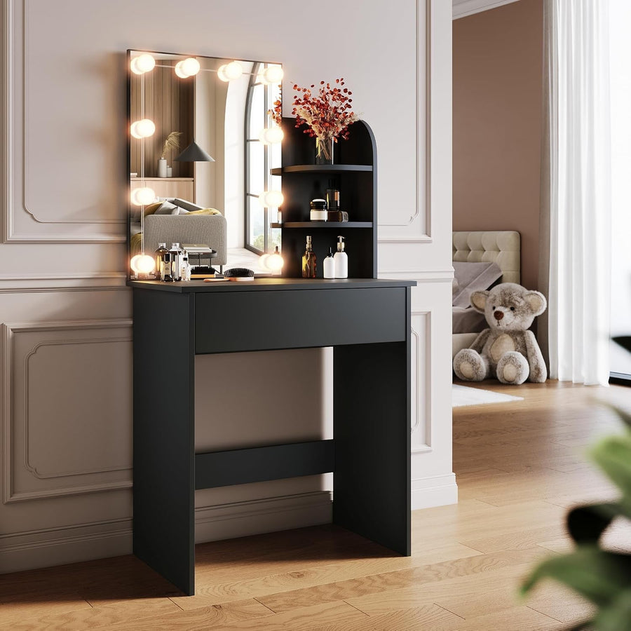 Hollywood Vanity Dressing Table Mirror Set Black Dresser Desk 1 Drawer 70x40x140