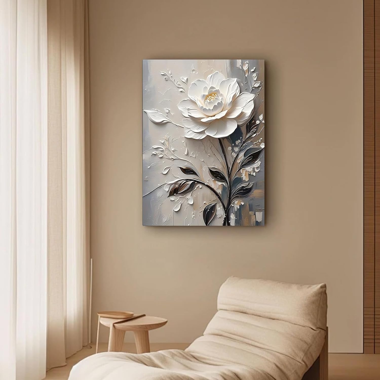 3D White Floral Canvas Wall Art 12x16 Framed Modern Bedroom Decor