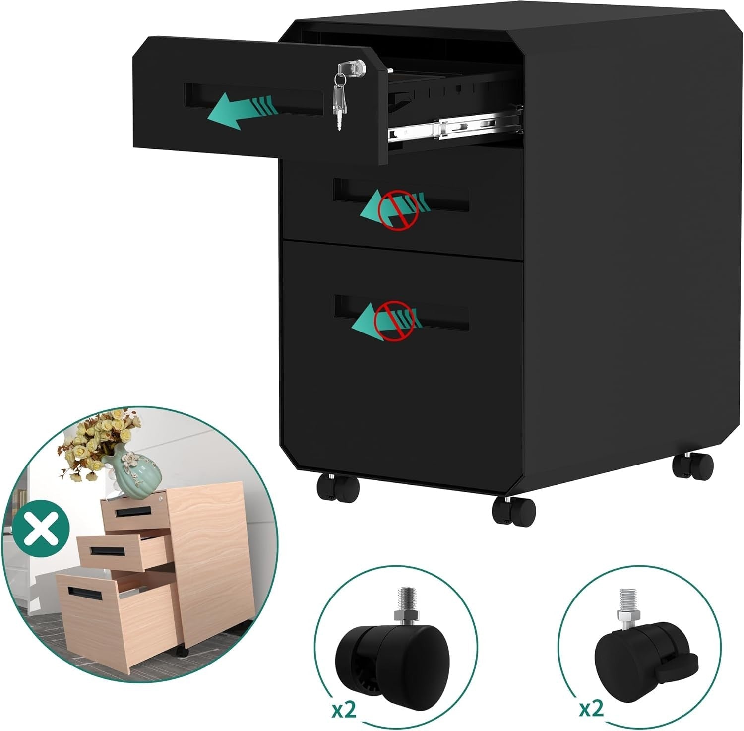 Black Mobile Filing Cabinet 3 Drawer Lockable 64cm Rolling Office
