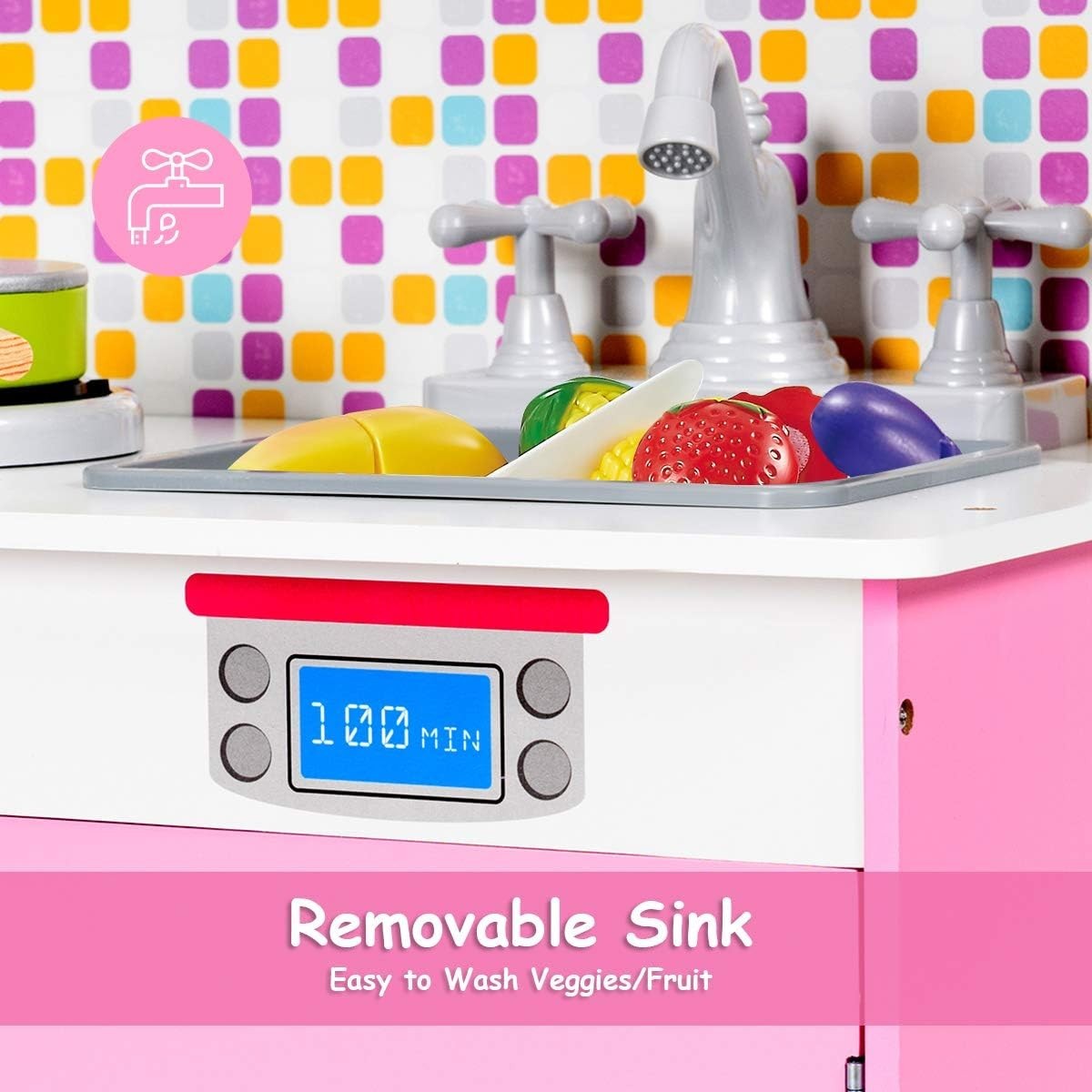 Kids Wooden Play Kitchen Pink w/ Microwave Stove Sink Toy Set