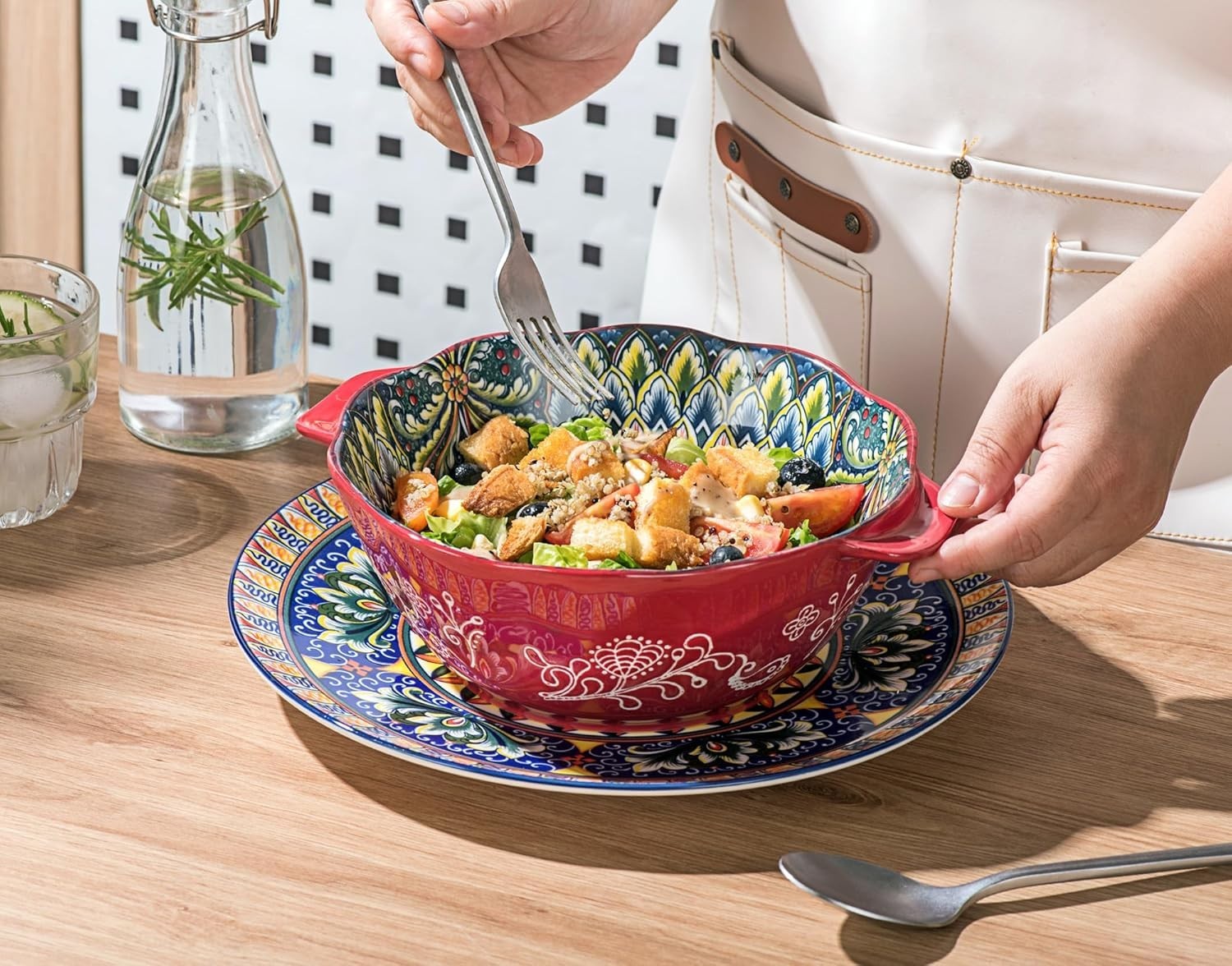 2-Piece Bohemian Ceramic Bowl Set – 49oz Large Salad & Soup Bowls