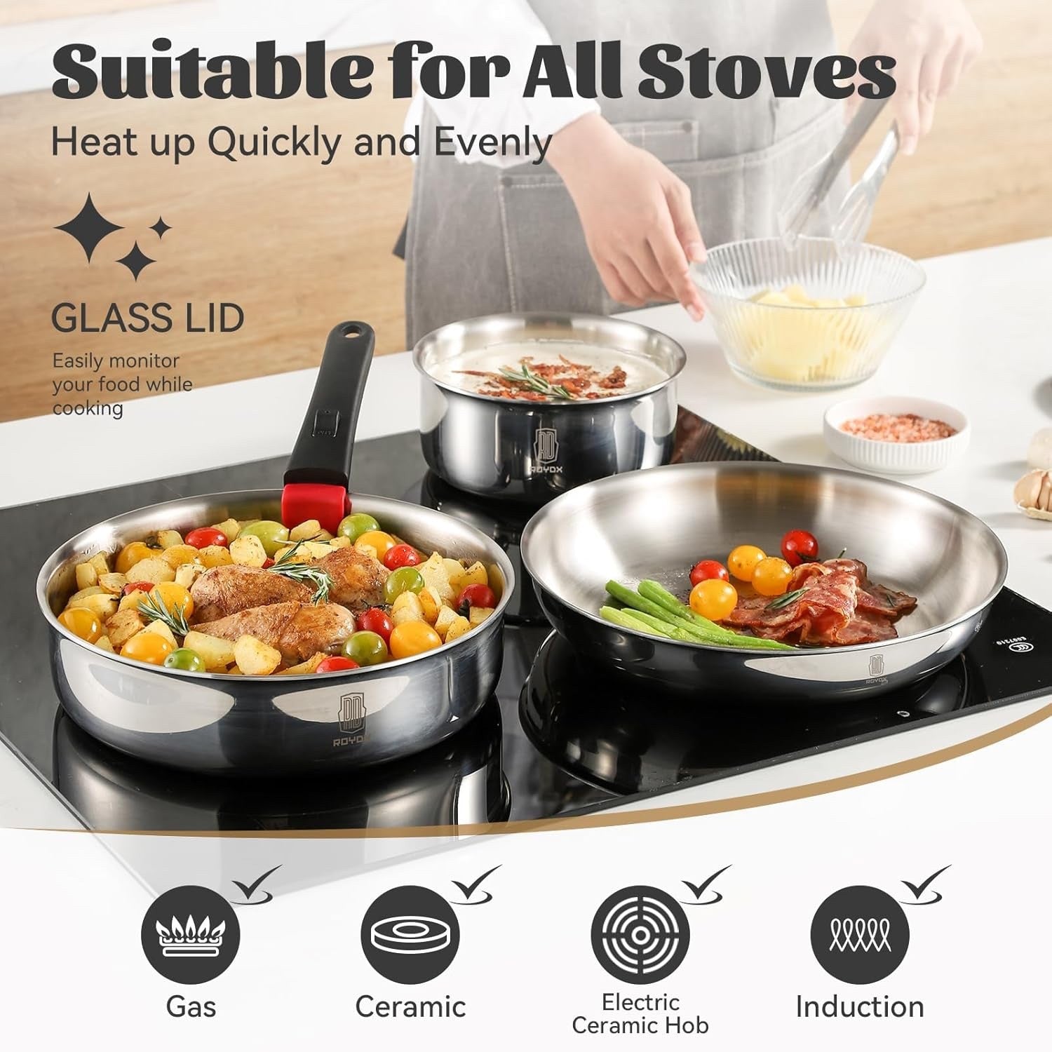 16Pcs Stainless Steel Stackable Cookware Set with Detachable Handles