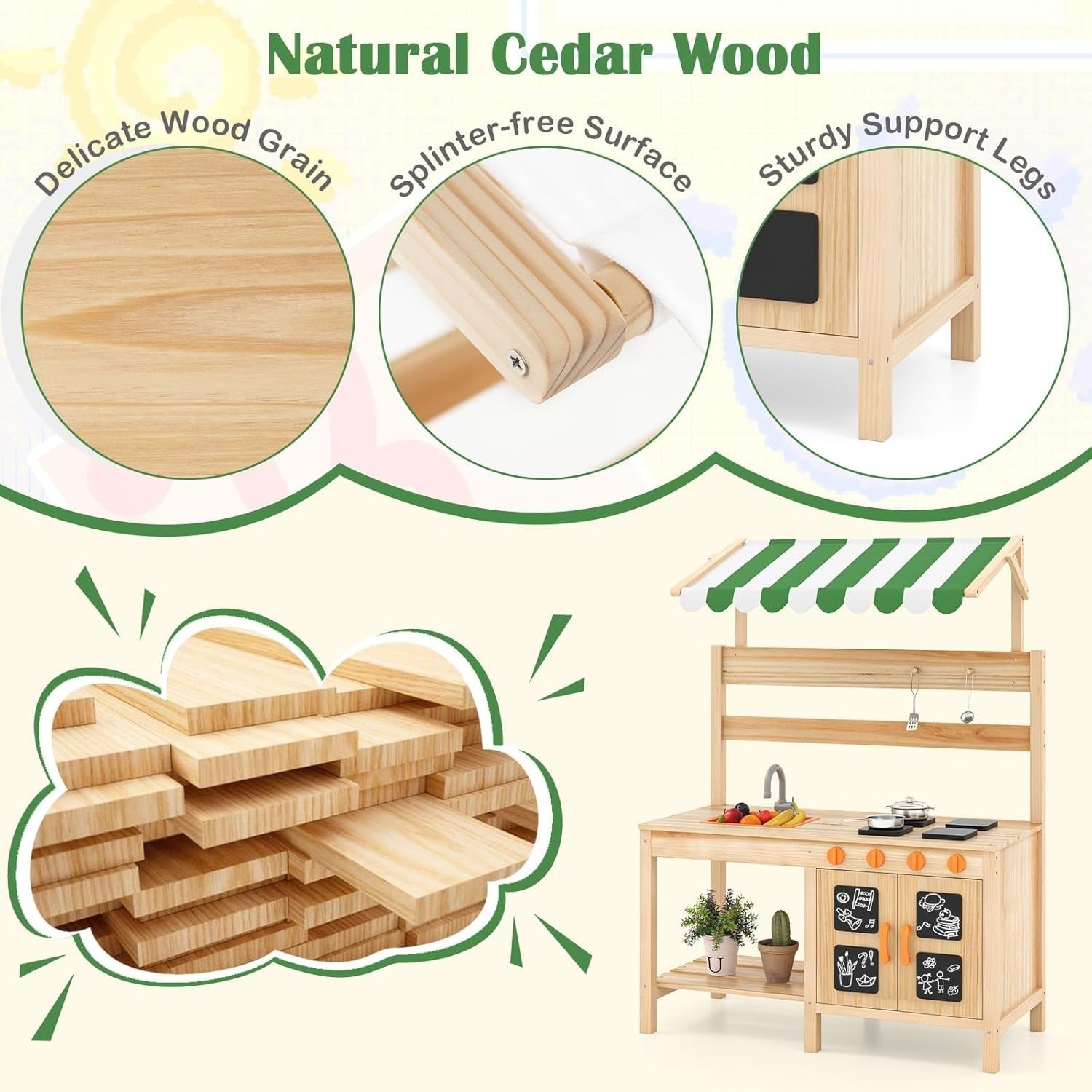 Outdoor Mud Kitchen Kids Wooden Playset Canopy Sink Stove Toy