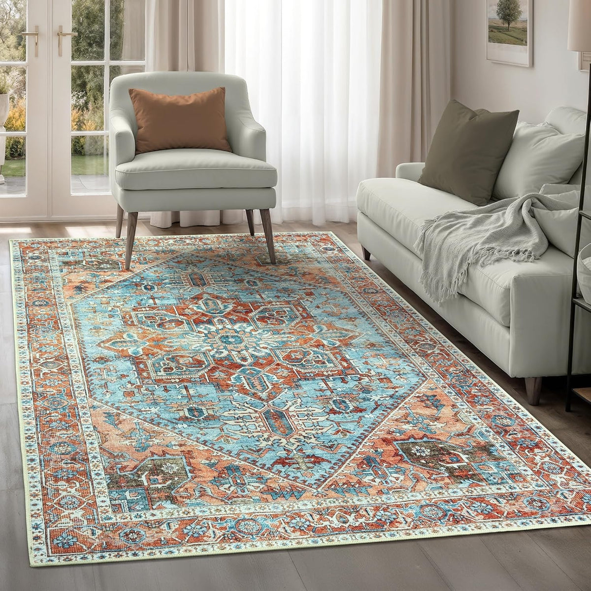 Washable Rug 200x290cm Non-Slip Vintage Area Carpet Soft Cyan Blue Salmon
