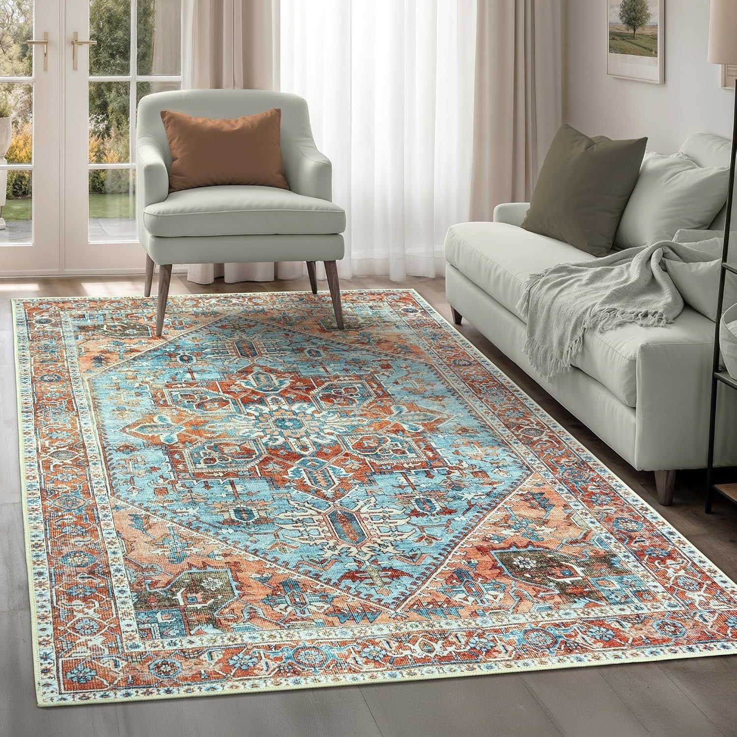 Washable Rug 200x290cm Non-Slip Vintage Area Carpet Soft Cyan Blue Salmon