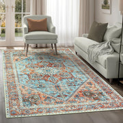 Washable Rug 200x290cm Non-Slip Vintage Area Carpet Soft Cyan Blue Salmon