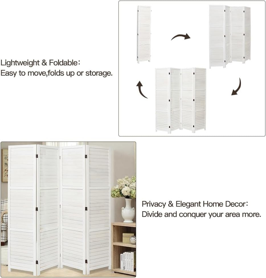 White 4 Panel Wooden Folding Room Divider Privacy Screen for Home Office 170cm