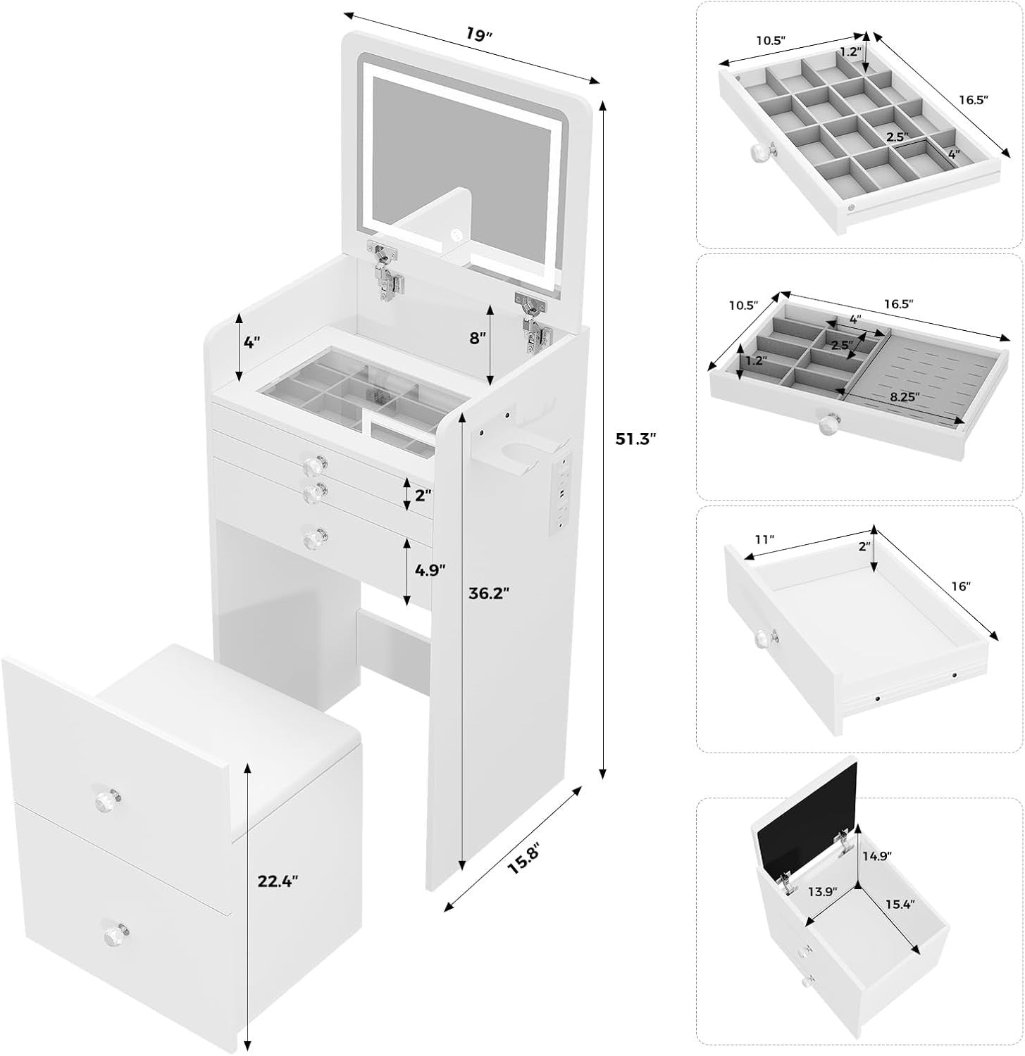 Vanity Makeup Desk Table Set 3-in-1 LED Mirror Computer Hidden Storage (77 chara