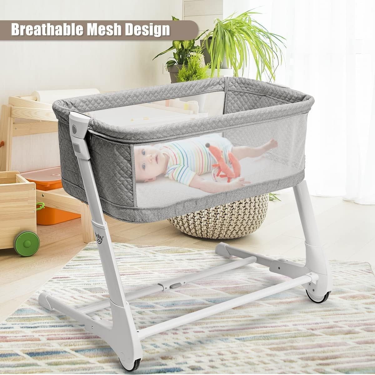 Bedside Baby Crib Adjustable Bassinet with Mattress & Wheels, Breathable Grey