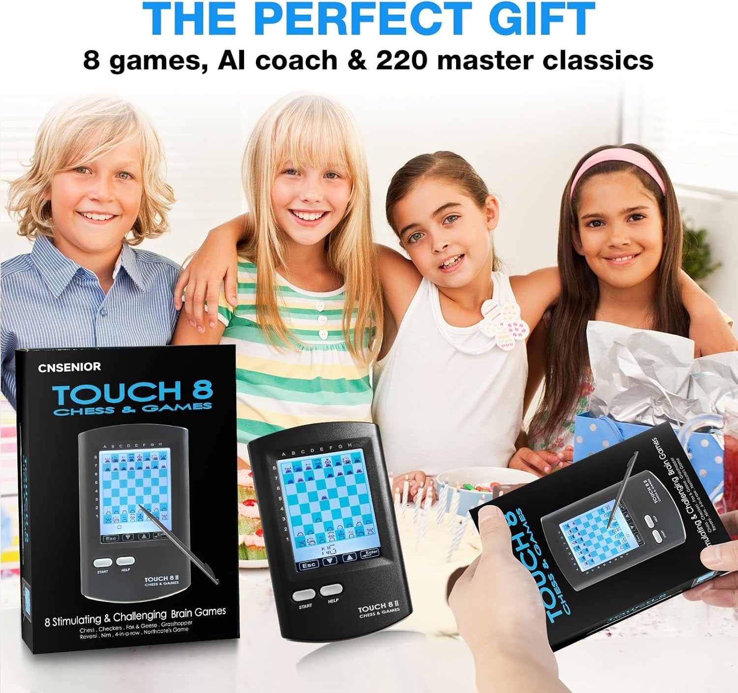 Portable 8-in-1 Electronic Chess Computer | HD Touch Screen | 220+ Games | Trave