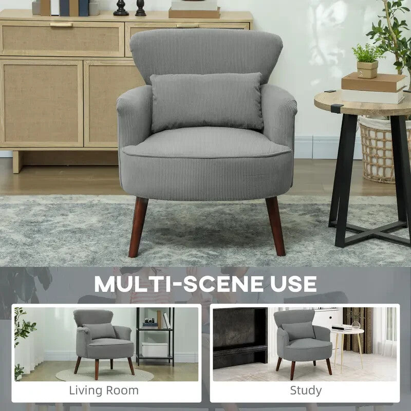 Modern Grey Corduroy Armchair Lounge Chair Padded Seat Wood Legs Sofa