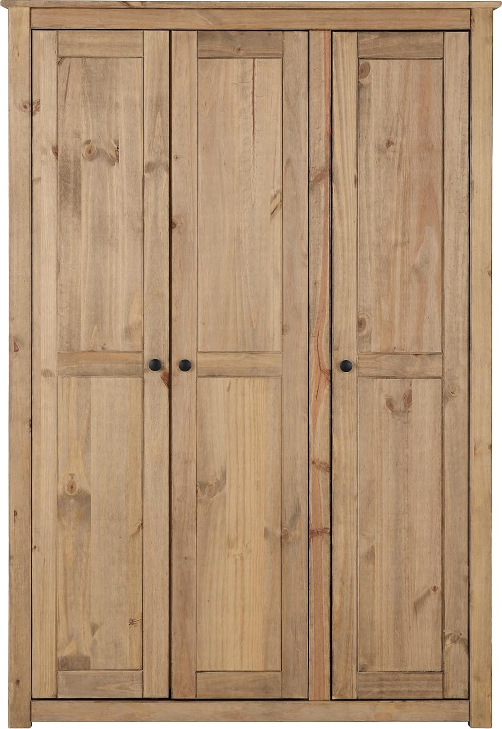 Rustic 3 Door Pine Wardrobe Natural Wax Finish Hanging Shelf Storage