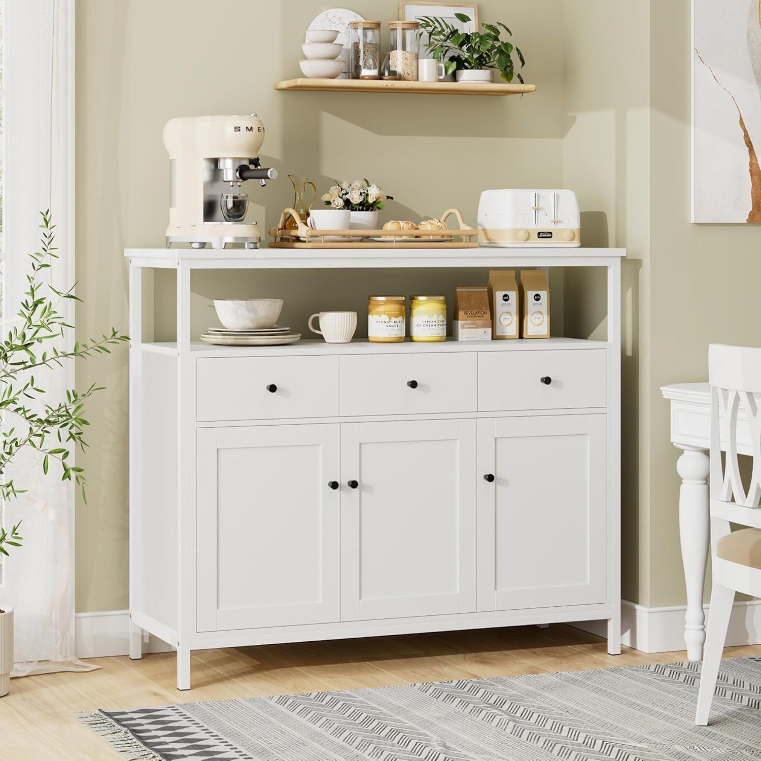 White Kitchen Sideboard Storage Cabinet 3 Drawers 3 Doors Adjustable