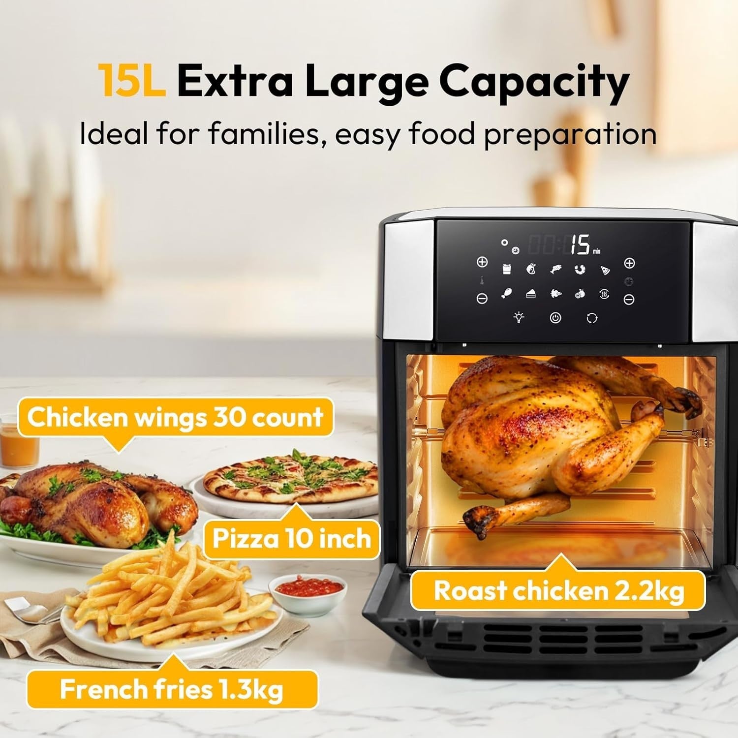 15L Air Fryer Oven Rotisserie 10-in-1 Touchscreen 1800W Window Light XXL