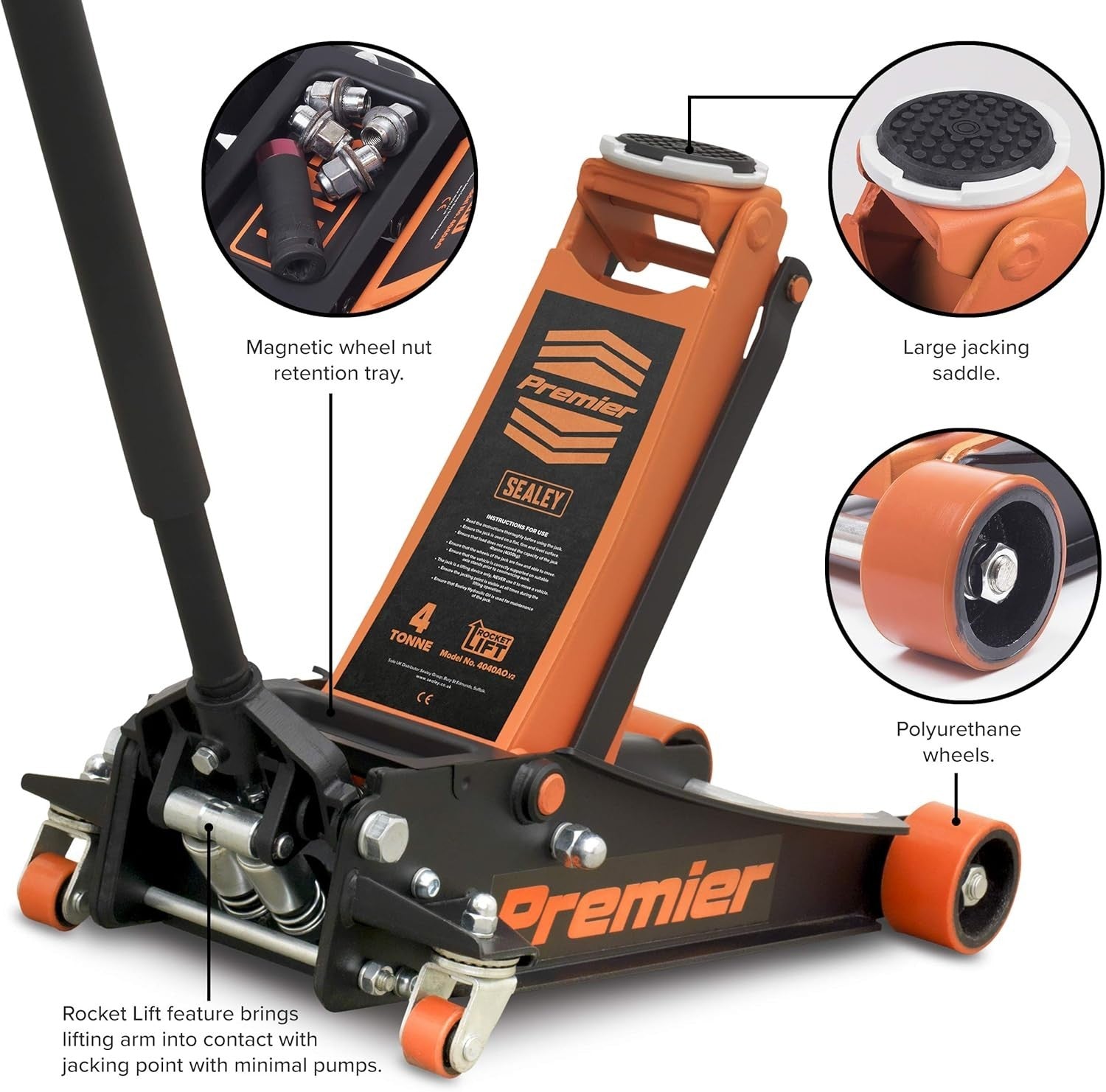 4 Ton Low Profile Hydraulic Trolley Jack 100–533mm Rocket Lift Heavy Duty Orange