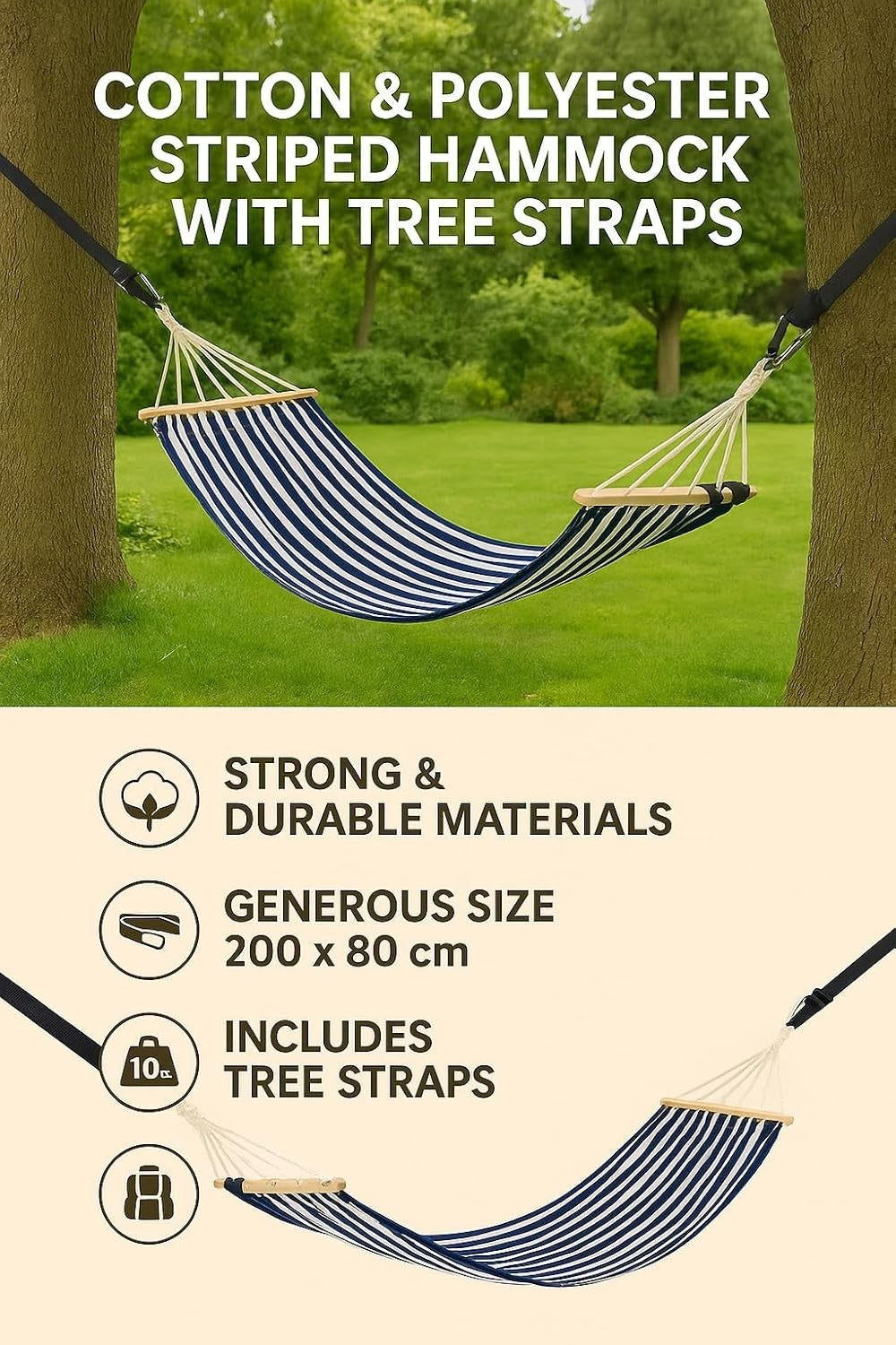 Heavy-Duty Cotton Polyester Striped Hammock with Tree Straps – 120kg Capacity