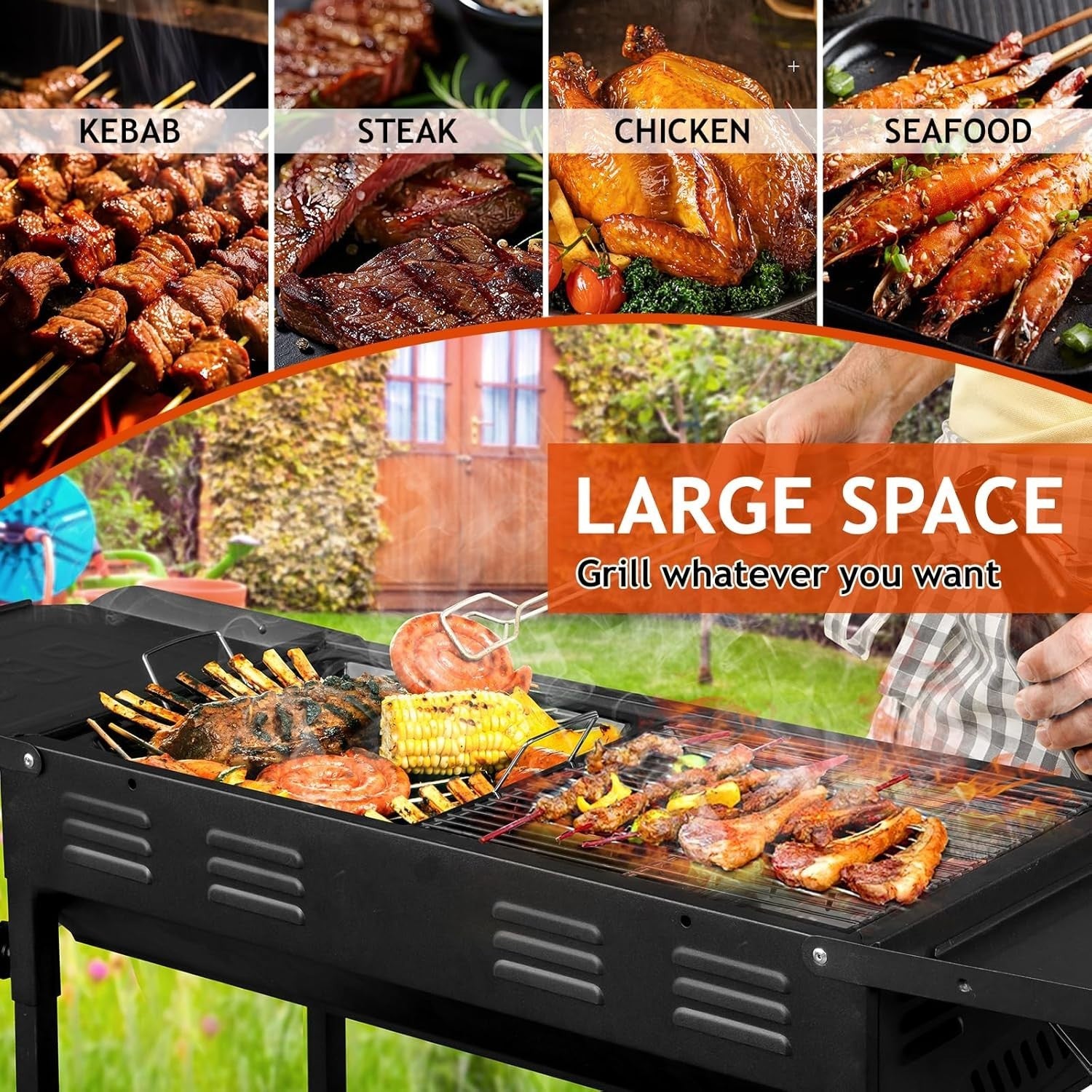 Portable Charcoal BBQ Grill with Height Adjustment, Kebab Slots & Carry Bag