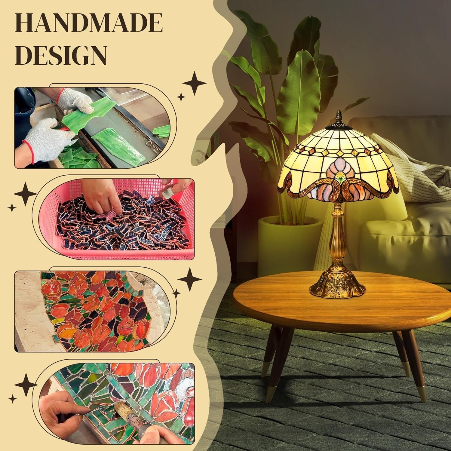 Vintage Stained Glass Table Lamp with Handmade Shade & Antique Base