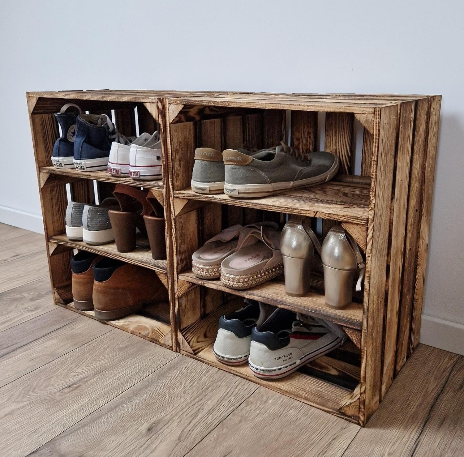Wooden Tiered Storage Crates 2-Shelf Freestanding Organizer short burnt