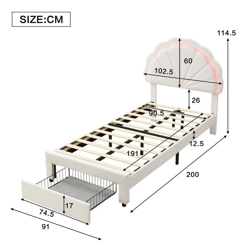 3FT Shell Single Bed with LED Lights & Drawer – Velvet Kids Teen Bed Beige